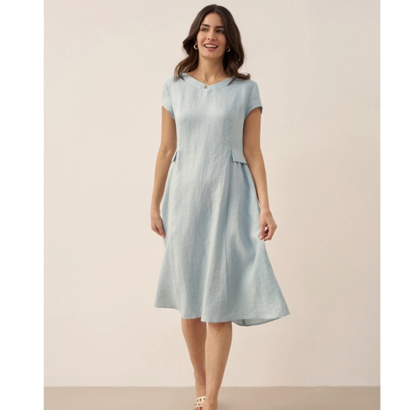 100% Linen Natural Summer V-Neck Dress, brand new with tag on - Picture 1 of 10